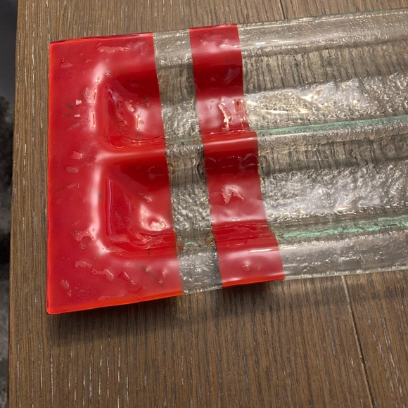 Fused Art Glass Serving Tray Red and Clear Glass w/Textured Bottom - Picture 2 of 7